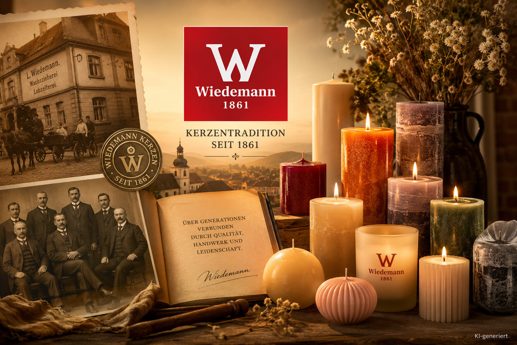 Geschichte von Wiedemann Kerzen seit 1861 mit historischem Firmengebäude, Familienfotos und handgefertigten Kerzen aus deutscher Produktion