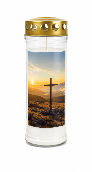 7-Tage-Brenner Grabkerze/Grablichte – Transparent mit Gipfelkreuz-Motiv