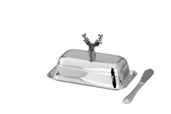 Butterdose Hirsch, mit Glasplatte, Deckel & Buttermesser, für 1/4 - Pfund versilbert 13,5 x 8,0cm H 8,5cm, Länge Buttermesser: 13,5cm, Glasplättchen: 10,3 x 4,7cm