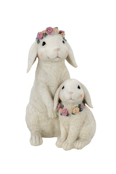 Hasenmutter mit Kind, beige,mit Blumenkranz, 13,7 x 10,5 x 19,7cm