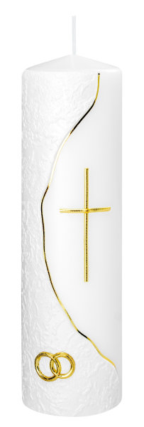 Hochzeitskerze "Kreuz, Ringe in Gold" 250 x Ø 68 mm mit Namensverzierung